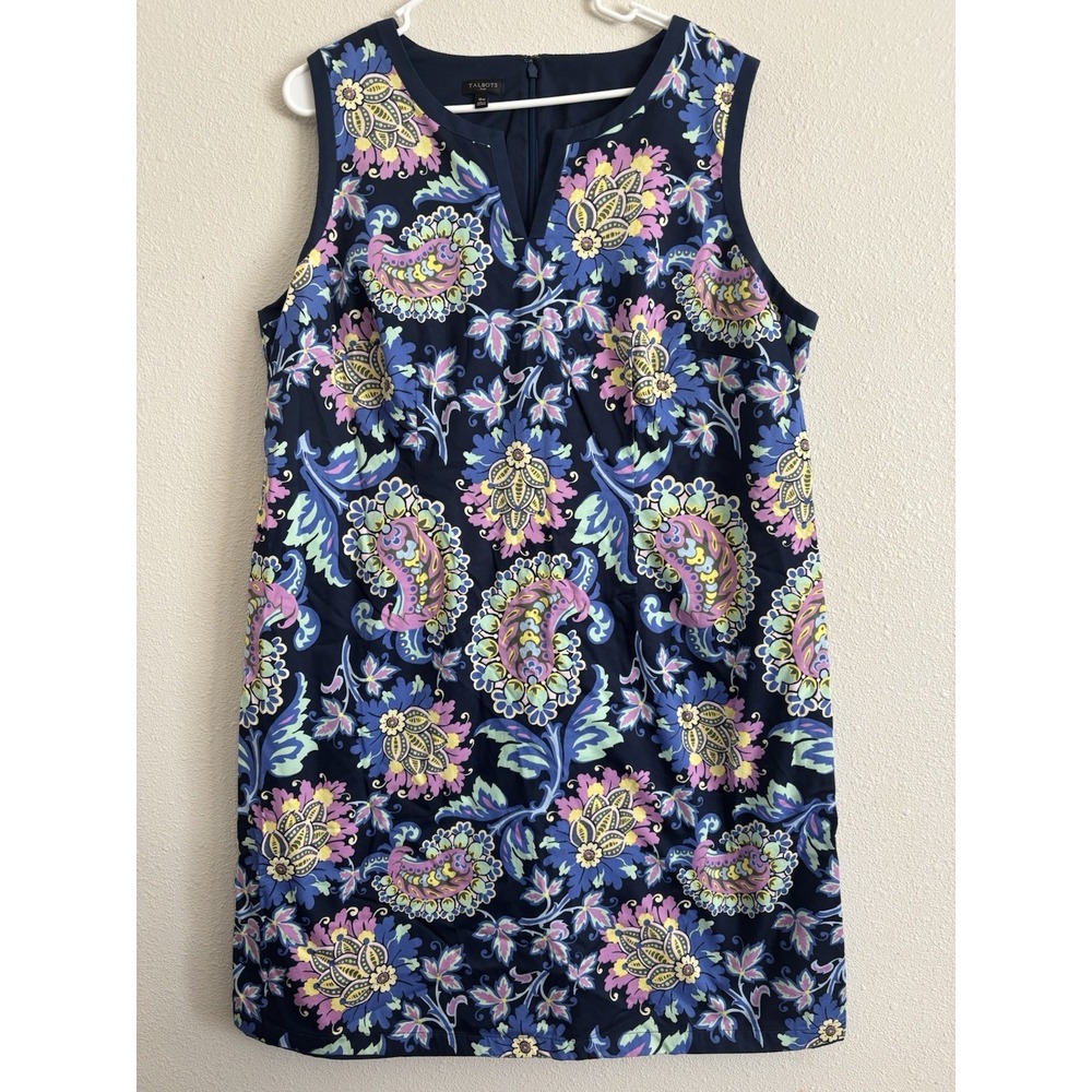 Talbots Plus 16W Navy Paisley Floral Sleeveless Shift Dress Cotton Lined